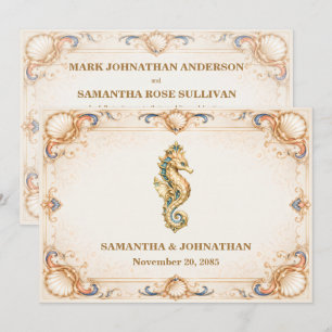 Luxury seahorse vintage beach wedding invitation