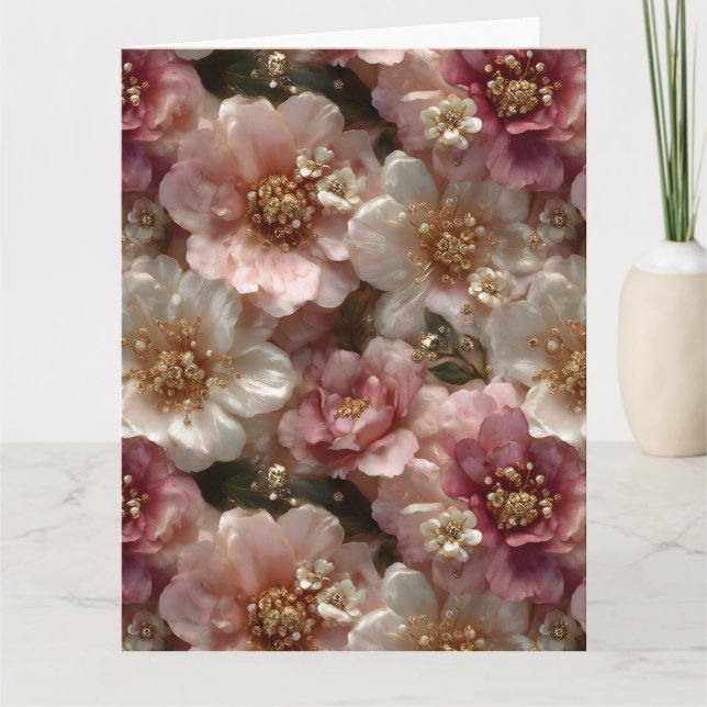 Luxury Seamless Floral Pattern with Gold Pearls  Card (Front)