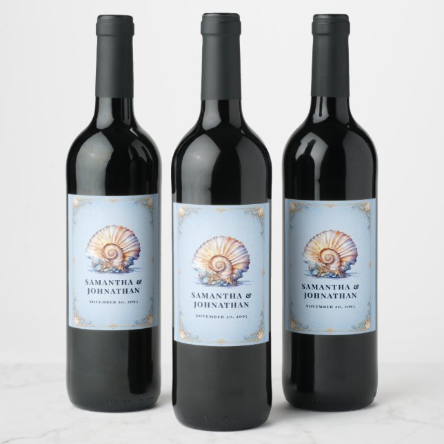 Luxury seashell beach DIY name chilly bin Wine Label (Bottles)