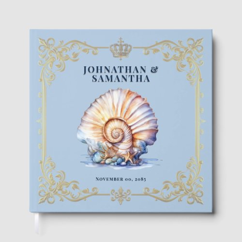 Luxury seashell blue gold beach wedding guest book
