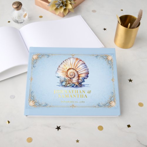 Luxury seashell real gold foil beach wedding guest book