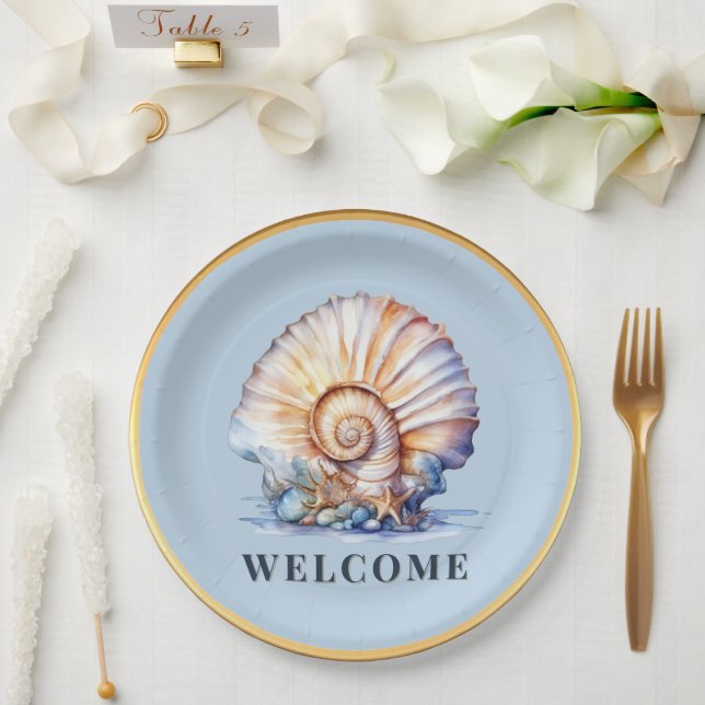 Luxury seashell theme blue gold beach picnic  paper plates (Wedding)