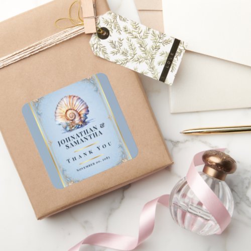 Luxury shell beach wedding thank you nautical square sticker