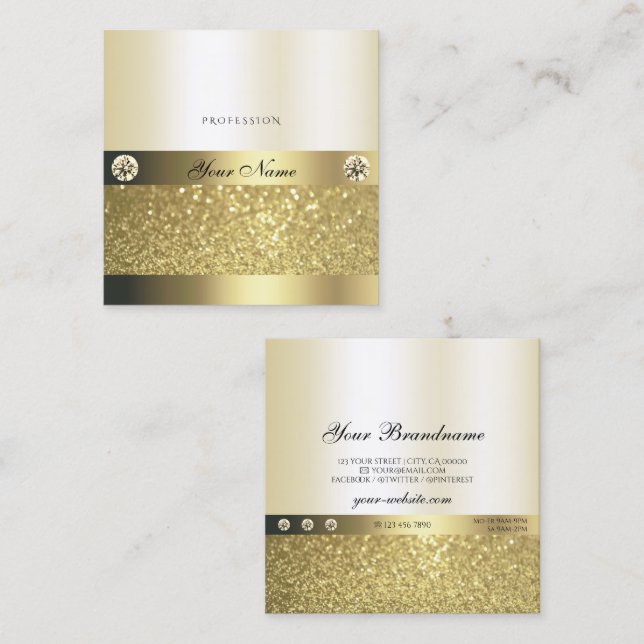 Luxury Shimmery Gold Luminous Glitter and Diamonds Square Business Card (Front/Back)