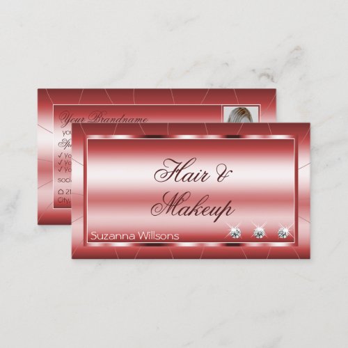 Luxury Shimmery Red Modern with Diamonds and Photo Business Card