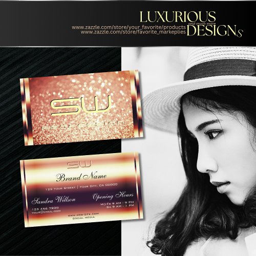 Luxury Shimmery Rose Gold Sparkle Glitter Monogram Business Card