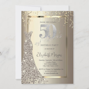 Luxury Shiny Diamonds Dress Gold 50th Birthday Invitation