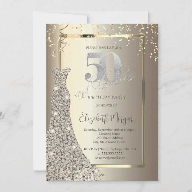 Luxury Shiny Diamonds Dress Gold 50th Birthday Invitation (Front)