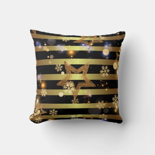 Luxury Shiny Glowing Gold Snowflakes And Stars  Throw Pillow