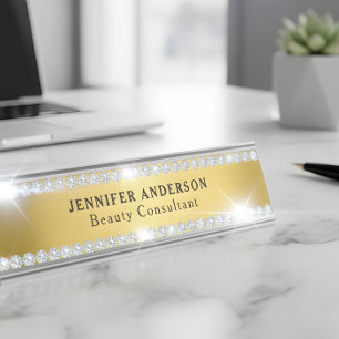 Luxury Shiny Gold And Glitter Diamond Desk Name Plate