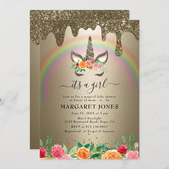 Luxury Shiny Gold Glitter Girl Unicorn Baby Shower Invitation (Front/Back)