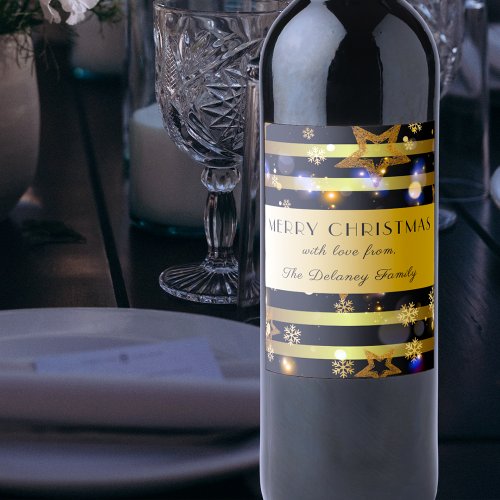 Luxury Shiny Gold Snowflakes And Stars Christmas Wine Label