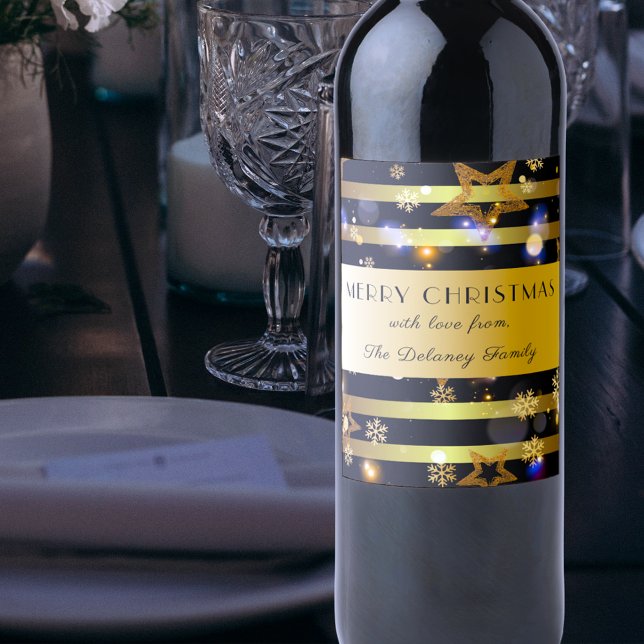 Luxury Shiny Gold Snowflakes And Stars Christmas Wine Label (Creator Uploaded)