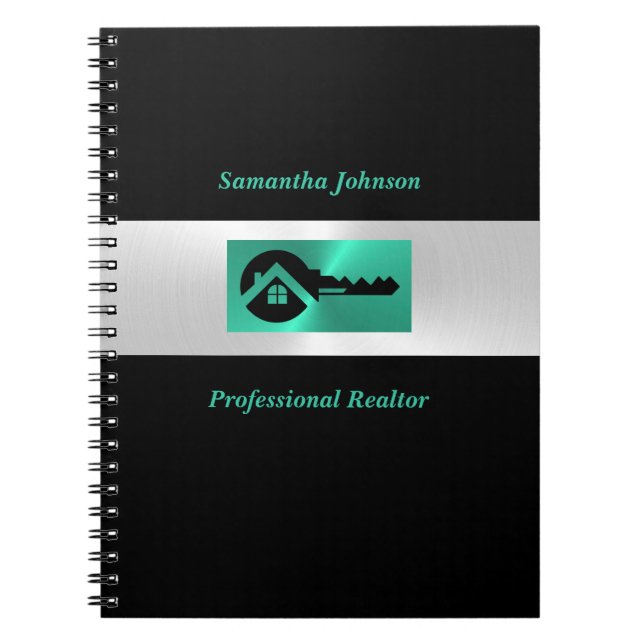 Luxury Shiny Turquoise & Black Key Real Estate  Notebook (Front)