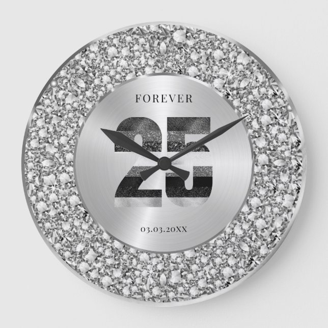 Luxury Silver 25th Anniversary Black & Gray Glitte Large Clock (Front)