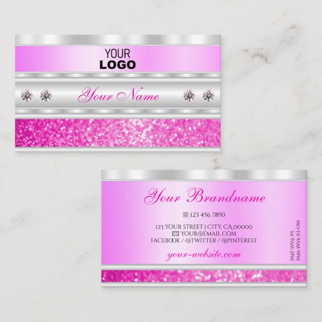 Luxury Silver and Pink Sparkling Glitter with Logo Business Card (Front/Back)