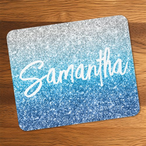 Luxury Silver Azure Blue Glitter Mouse Pad