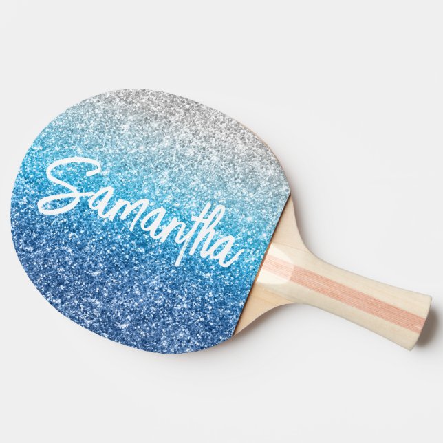 Luxury Silver Azure Blue Glitter Ping Pong Paddle (Side)