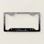 Luxury Silver Black Glitter and Sparkle Monogram License Plate Frame<br><div class="desc">Luxury Silver and Black Faux Glitter and Sparkle Elegant Monogram License Plate. This License Plate can be customized to include your initial and first name.</div>