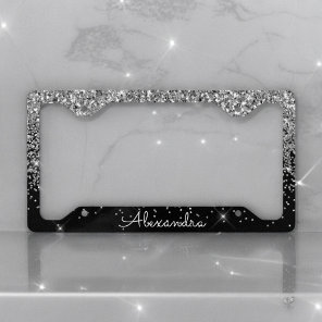 Luxury Silver Black Glitter and Sparkle Monogram License Plate Frame