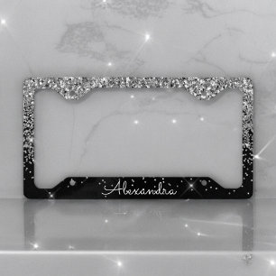Luxury Silver Black Glitter and Sparkle Monogram License Plate Frame