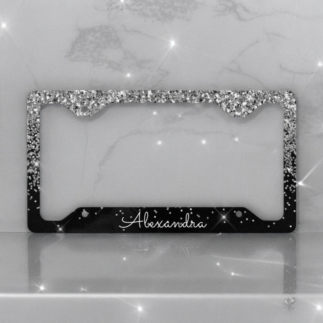 Luxury Silver Black Glitter and Sparkle Monogram License Plate Frame (Creator Uploaded)