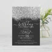 Luxury Silver Black Glitter Confetti Birthday Invitation (Standing Front)