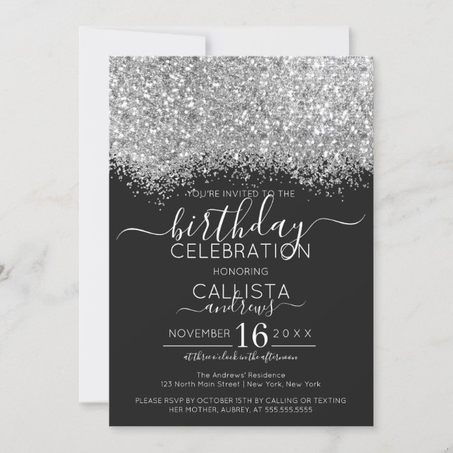 Luxury Silver Black Glitter Confetti Birthday Invitation (Front)