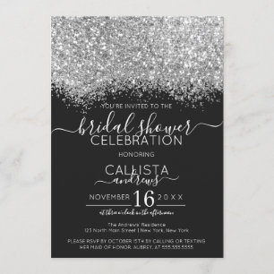 Luxury Silver Black Glitter Confetti Bridal Shower Invitation