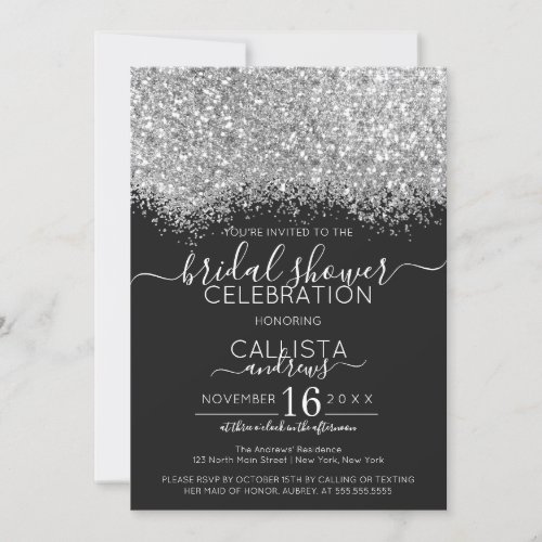 Luxury Silver Black Glitter Confetti Bridal Shower Invitation