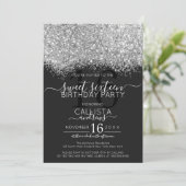 Luxury Silver Black Glitter Confetti Sweet 16 Invitation (Standing Front)