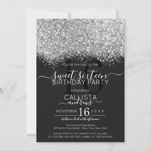 Luxury Silver Black Glitter Confetti Sweet 16 Invitation