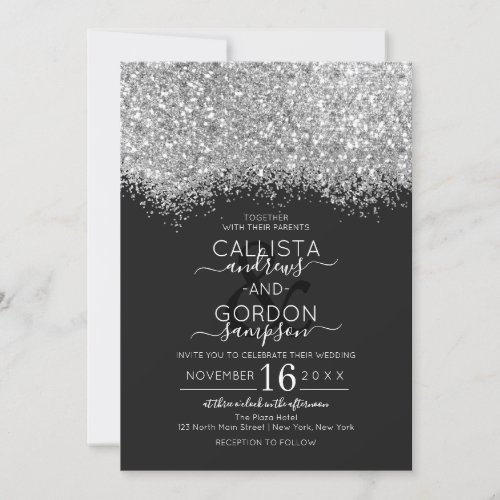 Luxury Silver Black Glitter Confetti Wedding Invitation