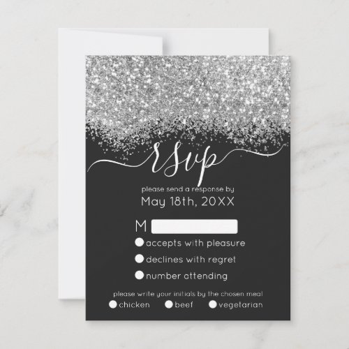 Luxury Silver Black Glitter Confetti Wedding RSVP Card
