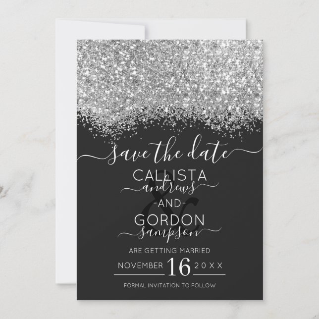 Luxury Silver Black Glitter Confetti Wedding Save The Date (Front)
