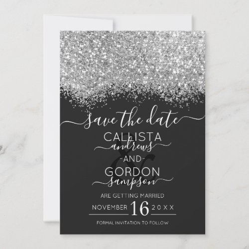 Luxury Silver Black Glitter Confetti Wedding Save The Date