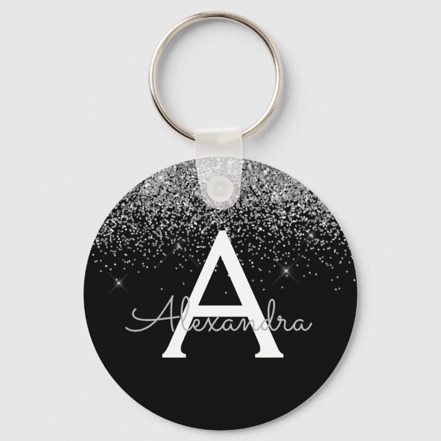 Luxury Silver Black Glitter Monogram Keychain (Front)