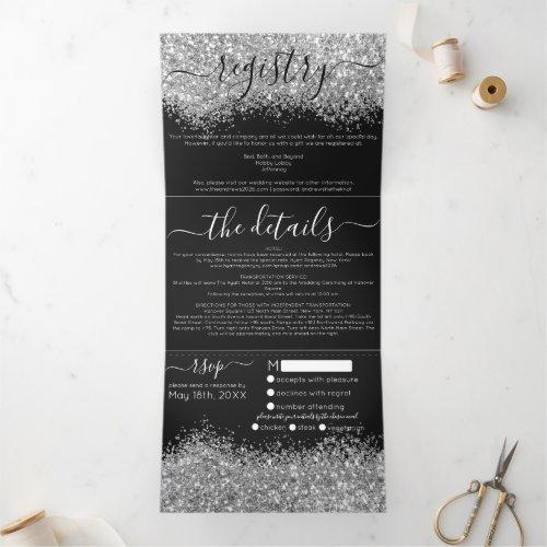 Luxury Silver Black Glitter Registry Detail RSVP Tri_Fold Invitation