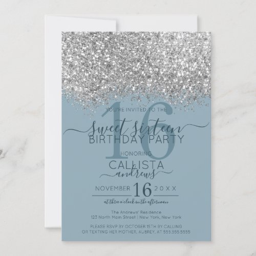 Luxury Silver Blue Glitter Confetti Sweet 16 Invitation