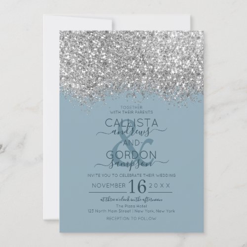 Luxury Silver Blue Glitter Confetti Wedding Invitation