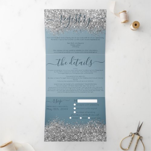 Luxury Silver Blue Glitter Registry Detail RSVP Tri_Fold Invitation