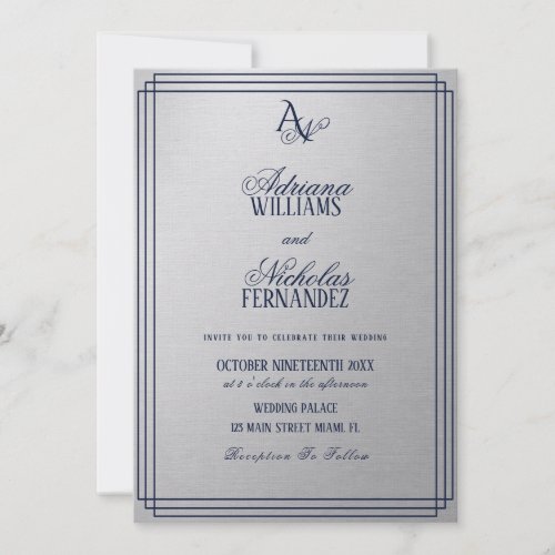 Luxury Silver Blue Monogram Wedding Invitation