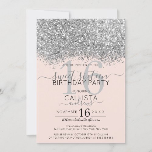 Luxury Silver Blush Glitter Confetti Sweet 16 Invitation