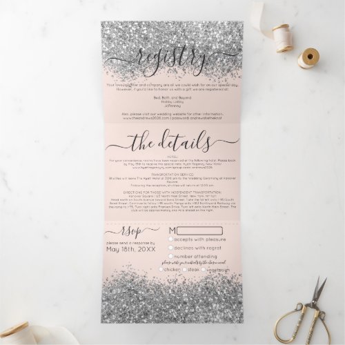 Luxury Silver Blush  Glitter Registry Detail RSVP Tri_Fold Invitation