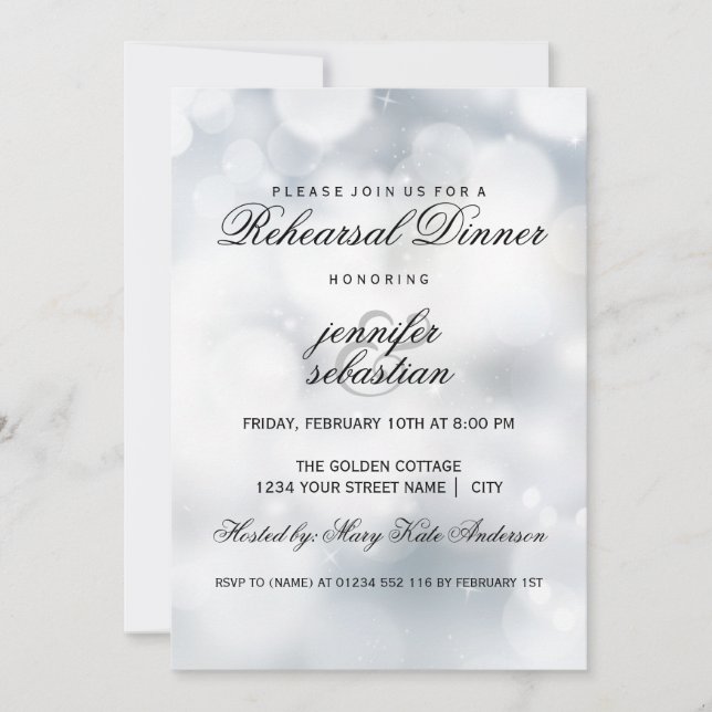 Luxury Silver Bokeh Light Chic Rehearsal Dinner Invitation (Front)