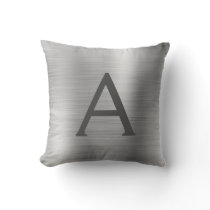 Luxury Silver Brushed Metal Monogram Name Initial Throw Pillow