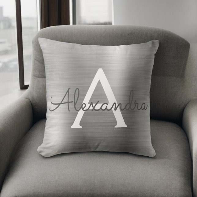 Luxury Silver Brushed Metal Monogram Name Initial Throw Pillow (Creator Uploaded)