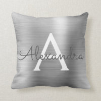 Luxury Silver Brushed Metal Monogram Name Initial Throw Pillow