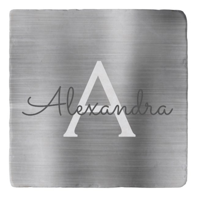 Luxury Silver Brushed Metal Monogram Name Initial Trivet (Front)