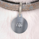 Luxury Silver Brushed Metal Monogram Pet ID Tag<br><div class="desc">Treat your pet to a touch of glamour with this chic I.D. tag,  featuring their name in elegant white script lettering over a charcoal gray monogram initial,  on a background of silver faux brushed metal. Customize the reverse with your phone number or text of your choice in white.</div>